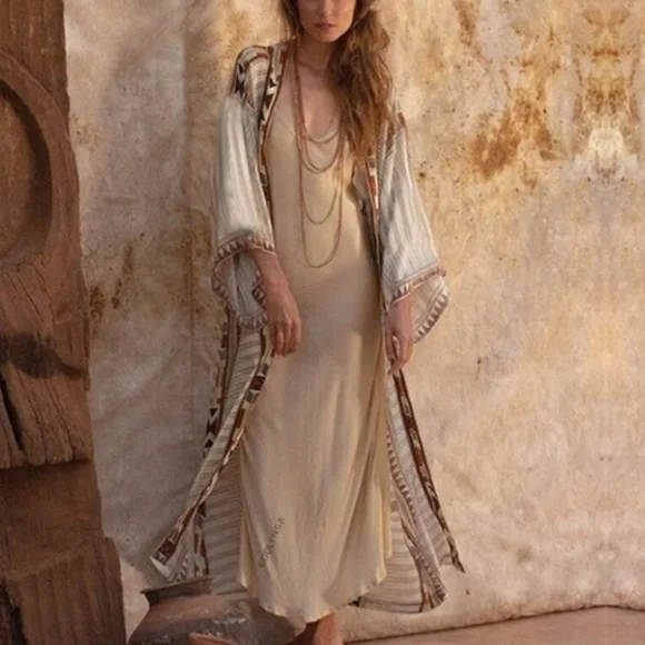 Bohemian Western Aztec Tribal Geo Belted Kimono Duster Cover up Beach - Picture 4 of 12